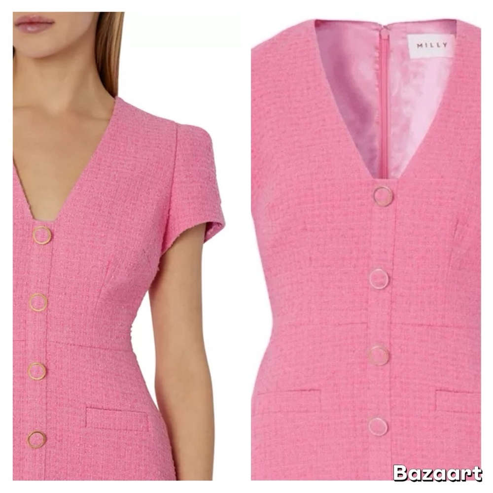 MILLY Genevie Pink Bouclé V Neck Dress  NWOT - Picture 8 of 13